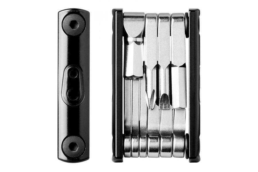 Crankbrothers F10+ black compact bike multi-tool with 11 functions and magnetic case, suitable for bike repair and maintenance.