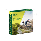Fenwick's Essential Bike Cleaning and Lubrication Kit with biodegradable cleaner and all-conditions chain lube in a workshop setting