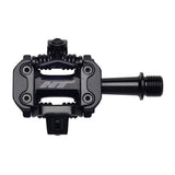 HT Components M2 flat mountain biking pedals with sealed bearings, showcasing durable metal construction and textured grip surface.