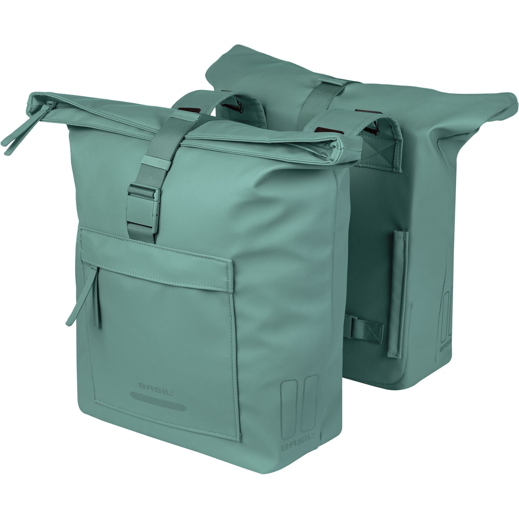 Basil Brooklyn double pannier bag in silvergreen, waterproof urban commuter bag with 41L capacity, designed for bike accessories.