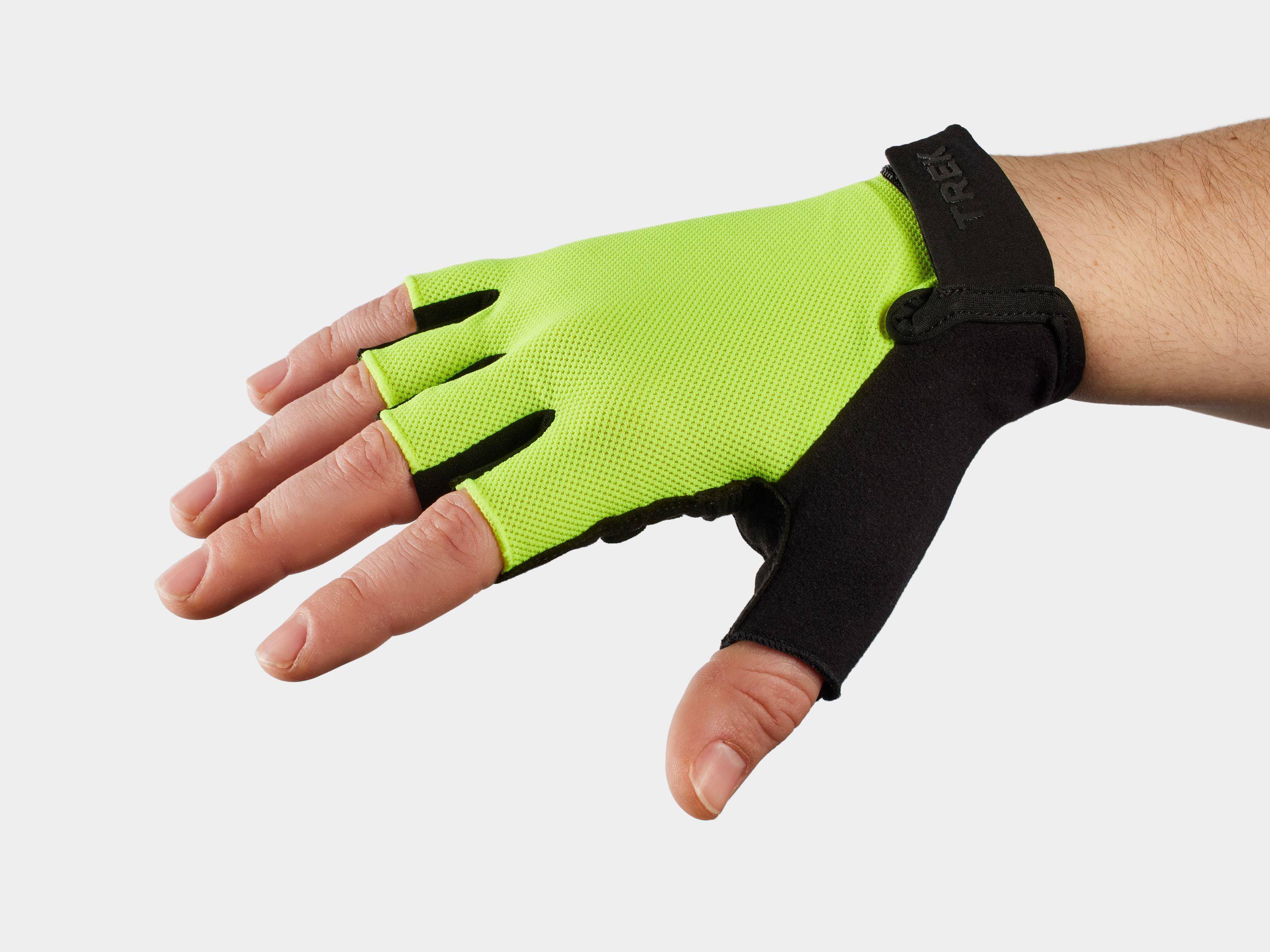 Trek Solstice gel padded unisex cycling gloves showing padded palms and adjustable wrist straps for comfort and grip.