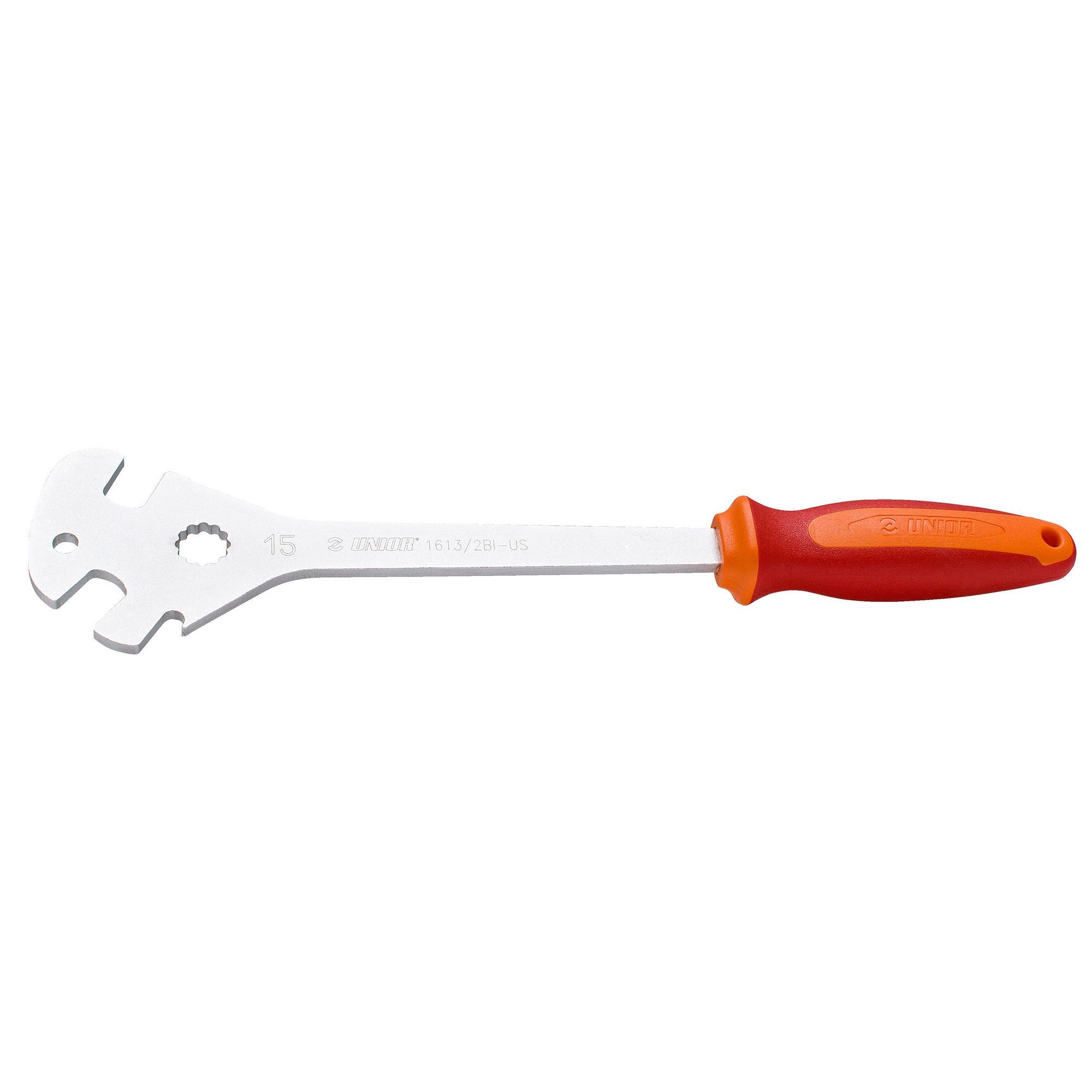 UNIOR Pro Pedal Wrench 15mm red bike tool with ergonomic handle, designed for professional bike workshop use.