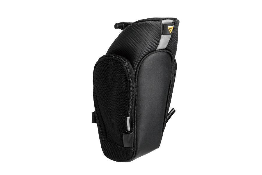 Topeak Mondopack XL expandable saddle bag with strap mounting, black and yellow, designed for cycling accessories.
