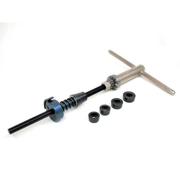 Park Tool HTR-1B head tube reaming and facing set for bicycle maintenance, shown with workshop tools and components.