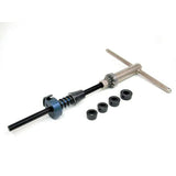 Park Tool HTR-1B head tube reaming and facing set for bicycle maintenance, shown with workshop tools and components.