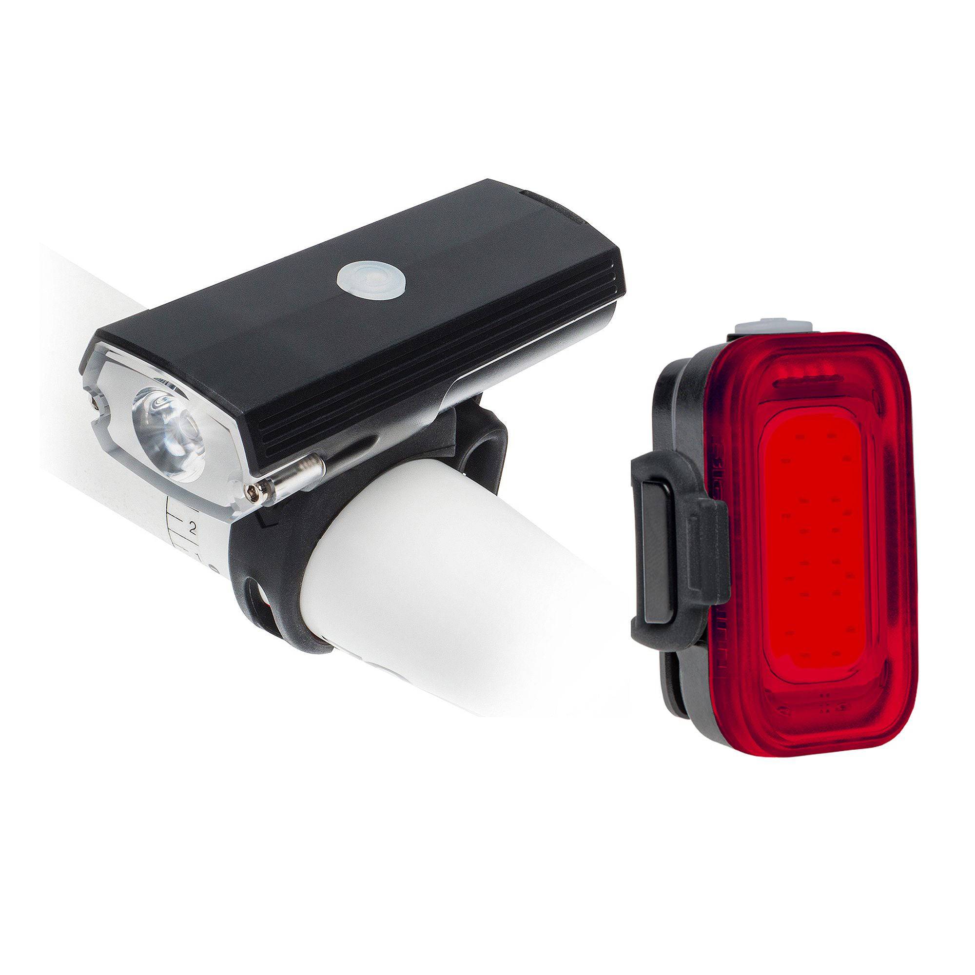 Blackburn Dayblazer 550 front bike light and Grid rear combo rechargeable bike lights, mounted on a bicycle for visibility.