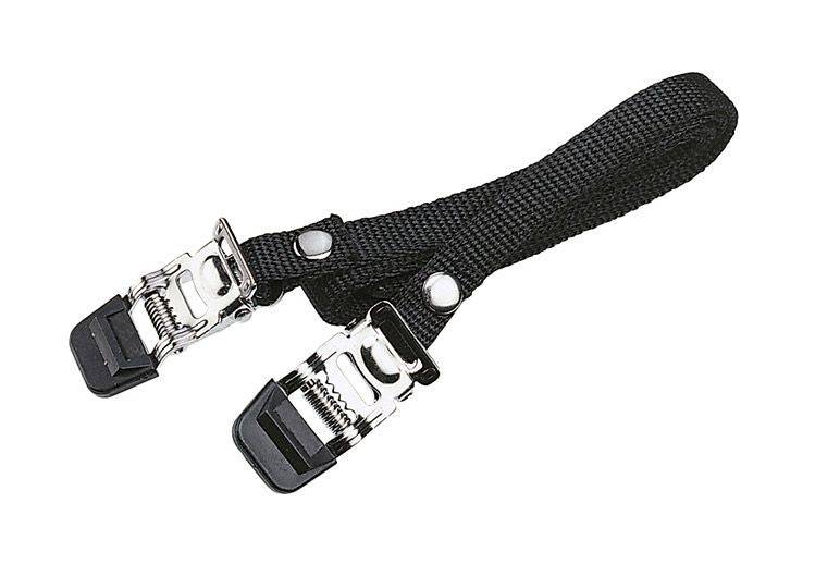 BBB BPD-30 durable nylon bike toe clip straps attached to standard bicycle pedals for secure foot retention.