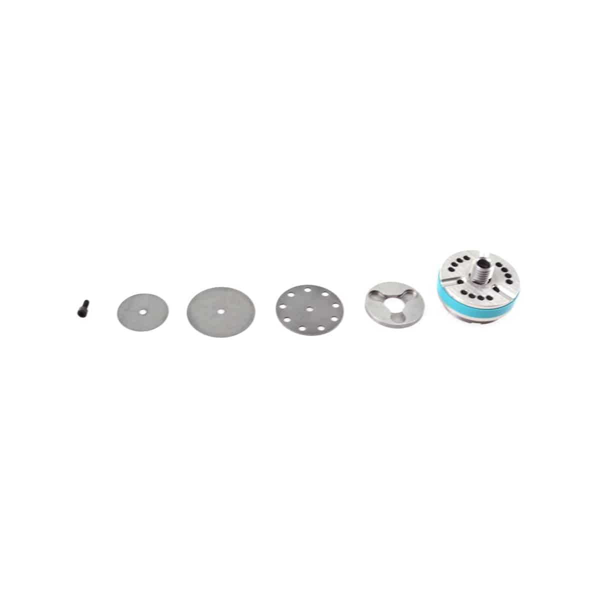 Fox Shock FLOAT DPS 2019 non-remote linear piston valving assembly component, shown in close-up with detailed metal parts.