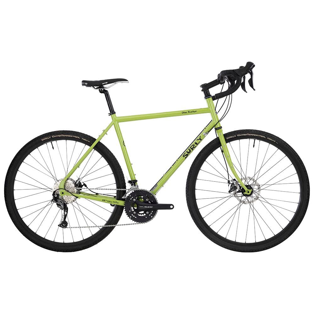 Surly Disc Trucker touring bike frame with 700c wheels and flat-mount disc brakes, suited for adventure riding.