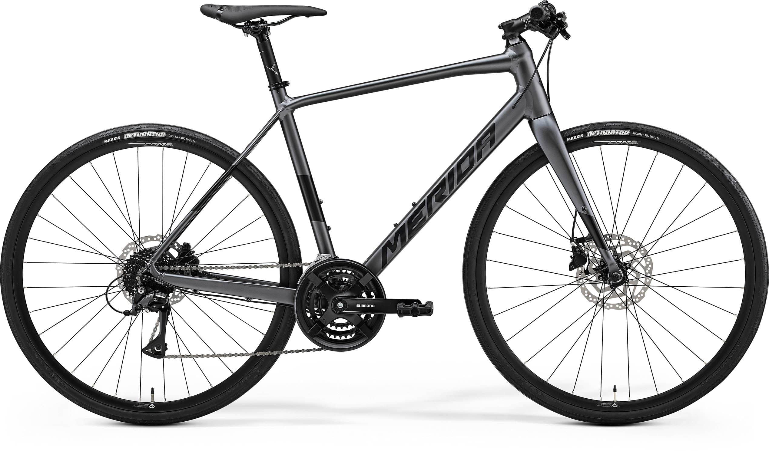 Merida Speeder 100 hybrid bike with Shimano Acera components and hydraulic disc brakes, ready for city riding and light trail adventures.