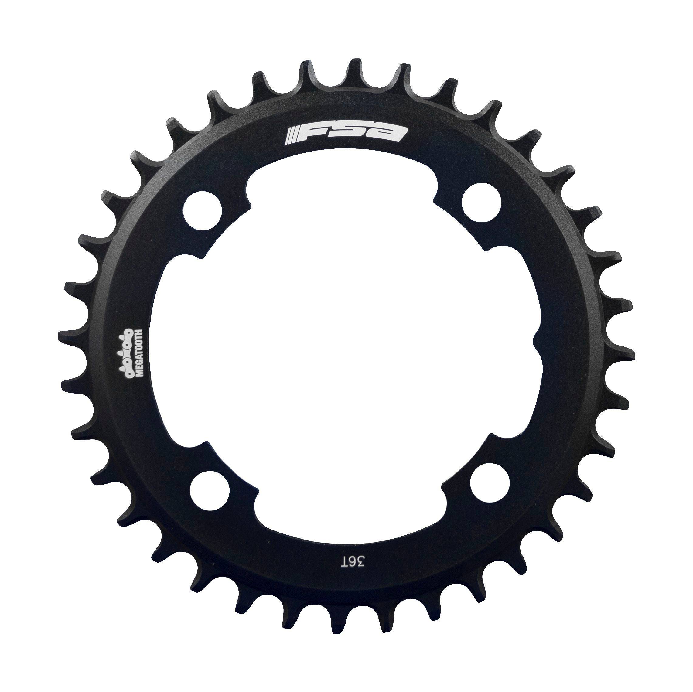 FSA Megatooth MTB chainring in black, 36-tooth, 1x11 speed, 104 BCD, 4-hole component for mountain bike drivetrain.