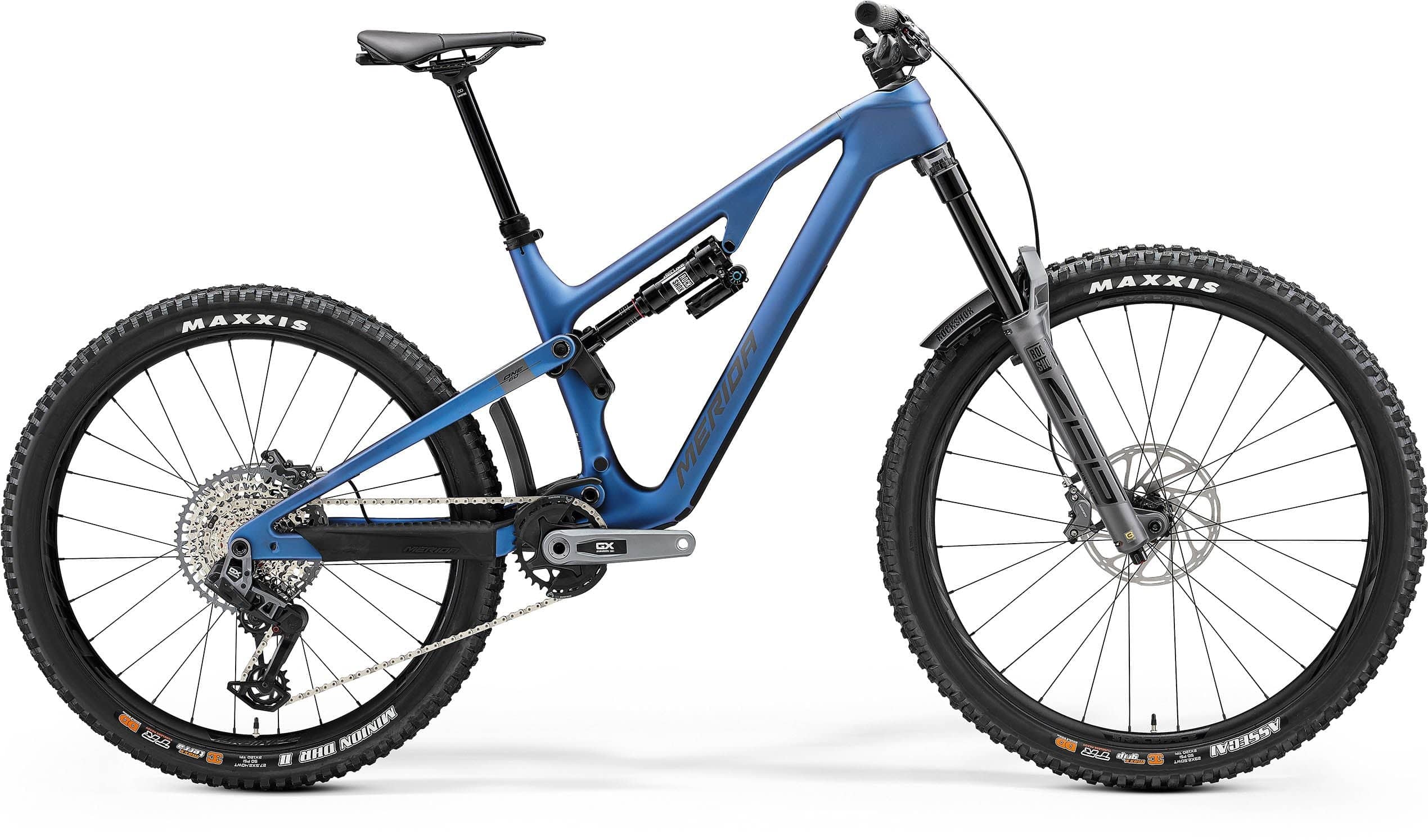 Merida One-Sixty 8000 MY24 mountain bike with SRAM GX AXS wireless transmission, featuring a rugged frame and knobby tires.