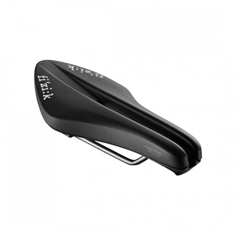 Fizik Transiro Aeris R3 long-distance triathlon saddle with split-nose design in black, designed for comfort and aerodynamics.