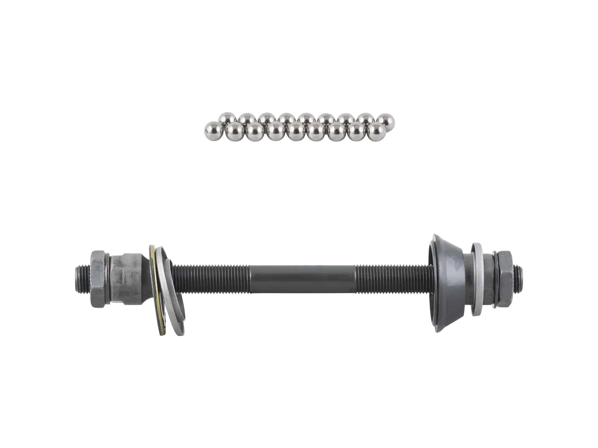 Silver Bontrager 6-bolt loose ball rear axle kit for Trek 135mm OLD hubs, includes replacement components.