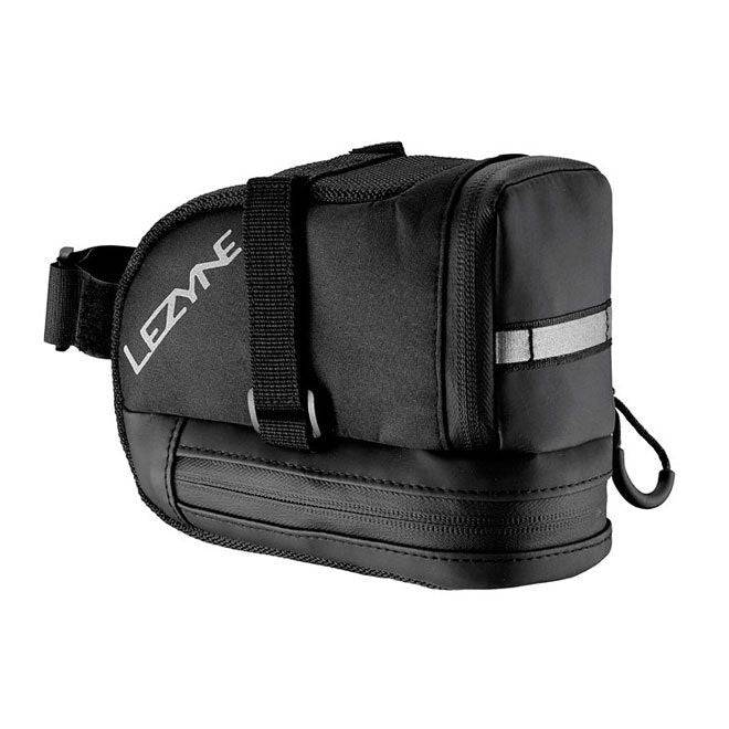 Lezyne L-Caddy black saddle bag with water-resistant zipper and reflective logos attached to a bicycle saddle.