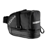 Lezyne L-Caddy black saddle bag with water-resistant zipper and reflective logos attached to a bicycle saddle.
