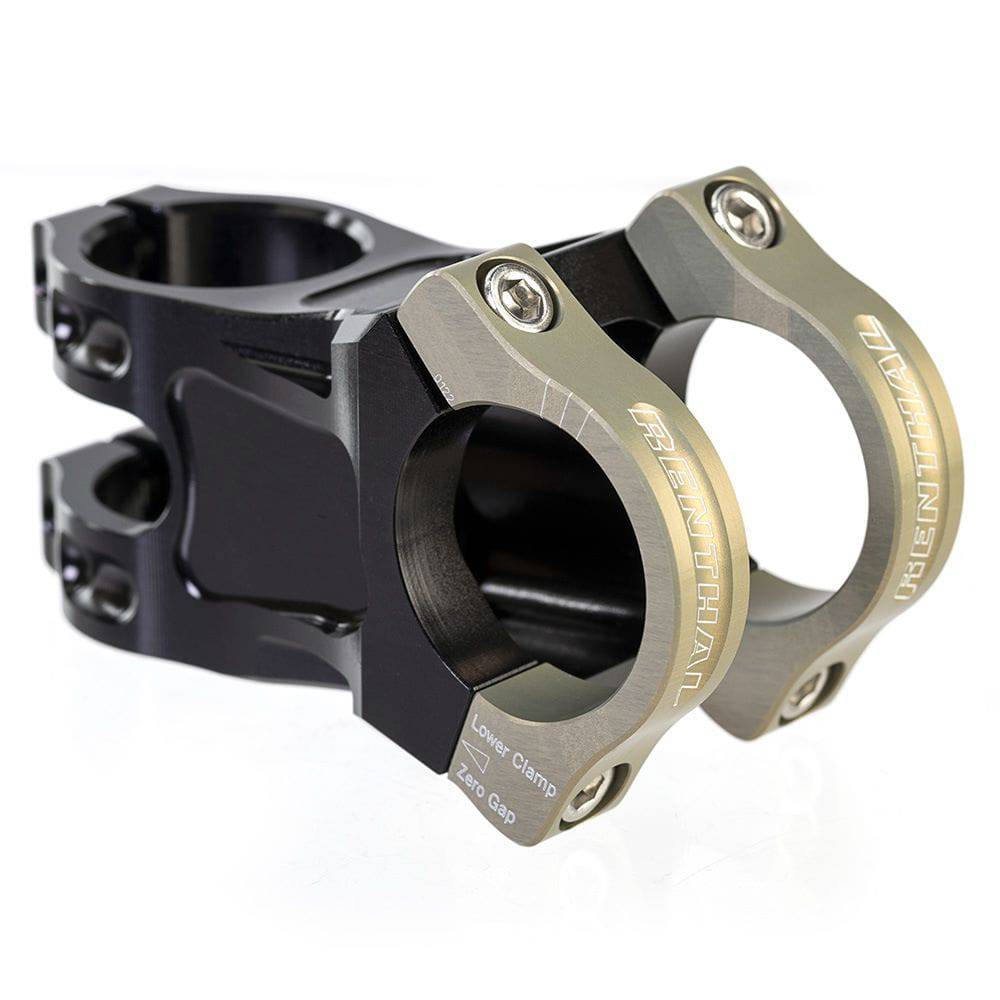 Renthal Apex mountain bike stem with 6° rise/drop and 240° clamp design, showcasing its adjustable components and sturdy build.