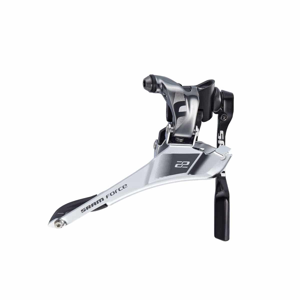 SRAM Force22 front derailleur with yaw braze-on and chain spotter for road bike, showing the component and mounting details.