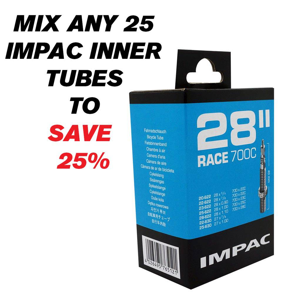 Schwalbe Impac SV28 700c inner tube for road and hybrid bicycle wheels, showing the tube's packaging and valve.