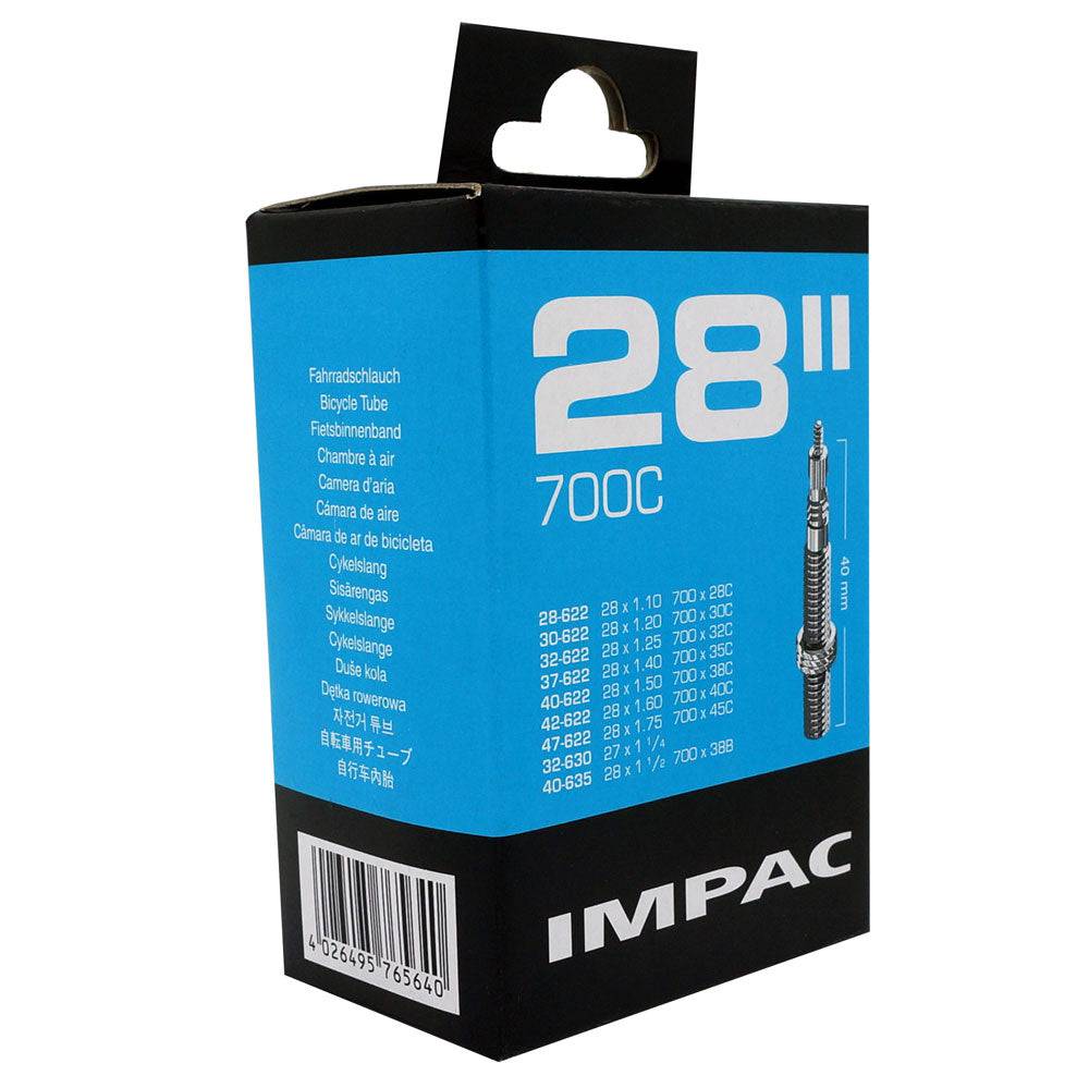 Schwalbe Impac SV28 700c inner tube for road and hybrid bikes, showing the rubber tube with valve stem for bicycle wheels.
