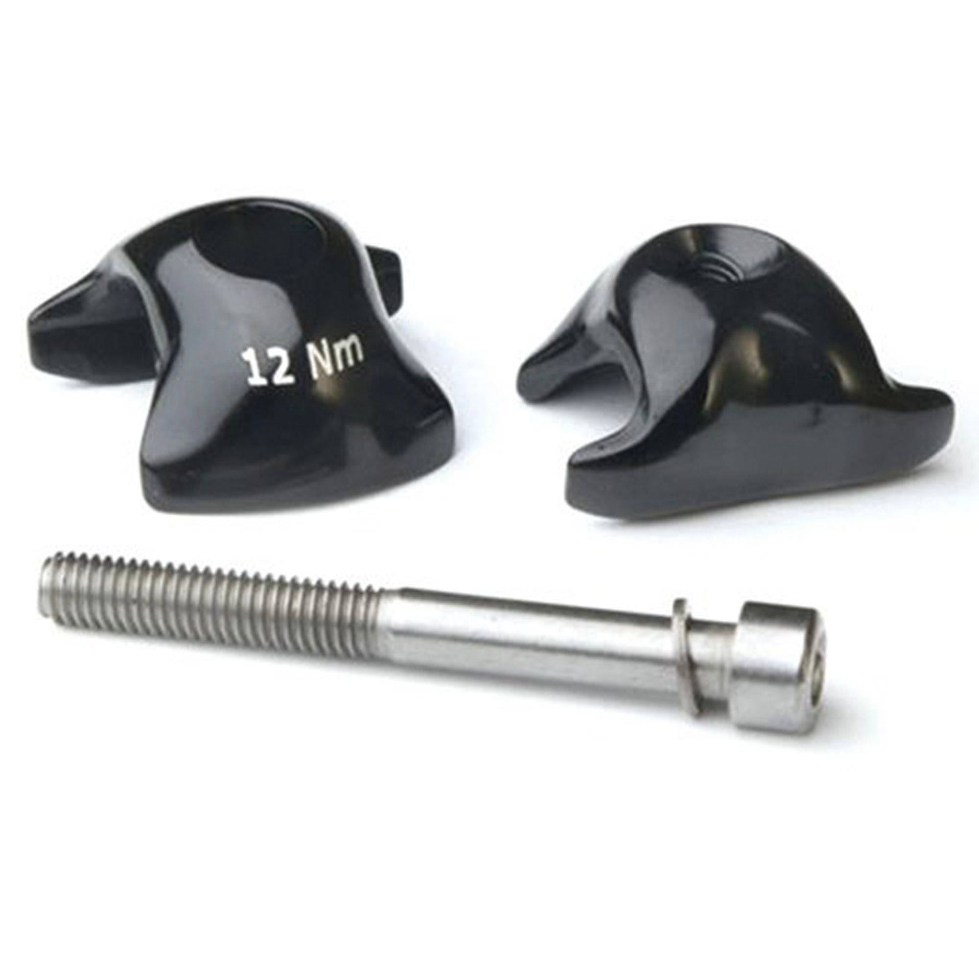 Ritchey WCS Carbon 1-Bolt Rail Clamps for seatposts, close-up of sleek black components with mounting bolt and rail attachment area.