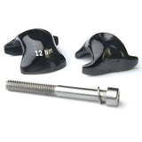 Ritchey WCS Carbon 1-Bolt Rail Clamps for seatposts, close-up of sleek black components with mounting bolt and rail attachment area.