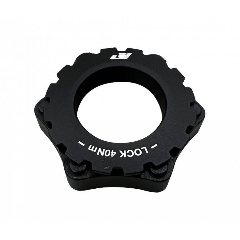 Jagwire 6-bolt to center lock disc rotor adapter for bike brake compatibility, showing the metal adapter with bolt holes.