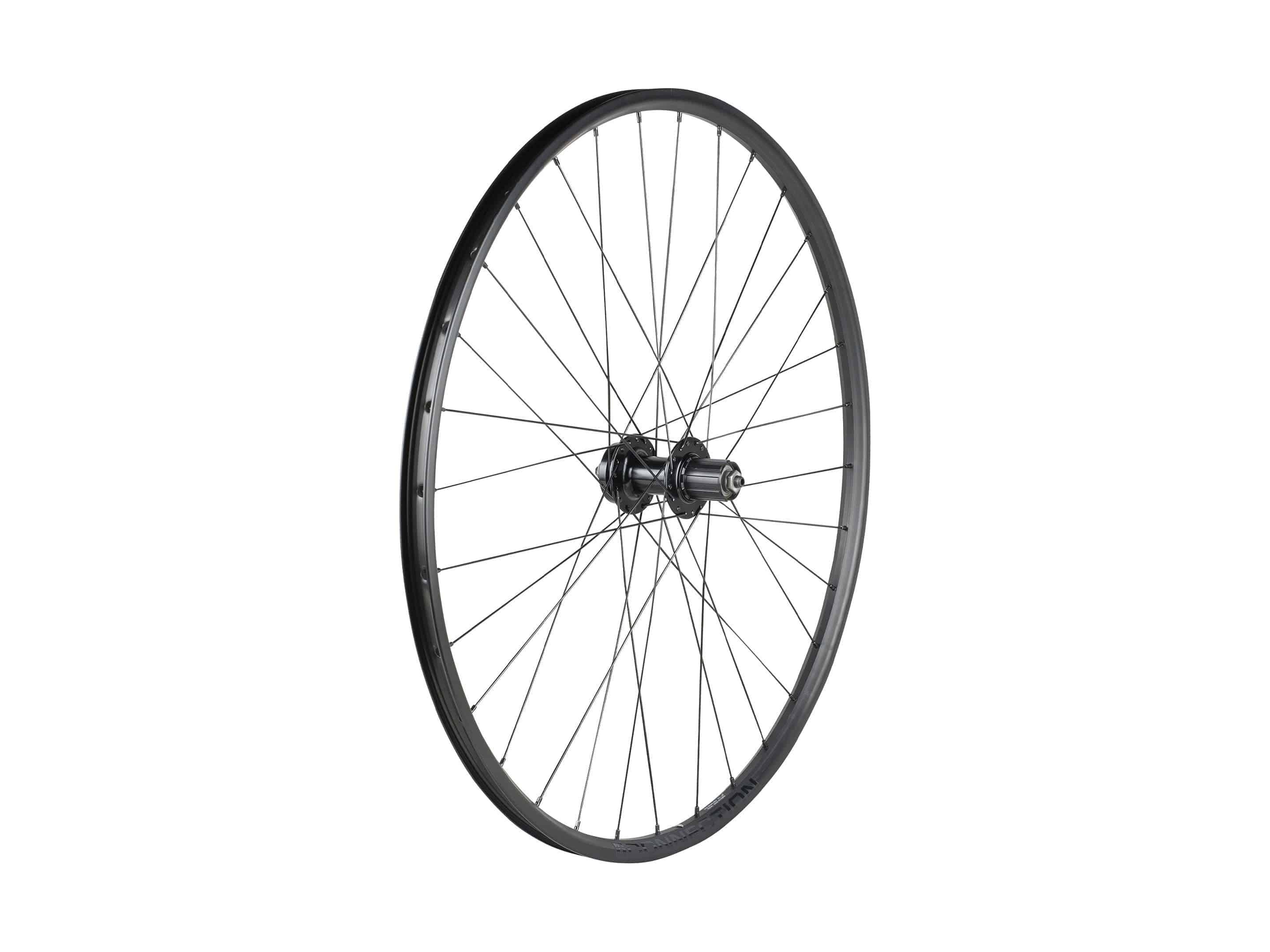 Bontrager Connection Disc 700c rear road wheel with Shimano HG 8/9/10-speed freehub in silver and black, featuring disc brake compatibility.