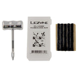 Lezyne Classic Tubeless Tire Repair Kit with aluminum tools and plugs for workshop use, featuring compact design and durable components.