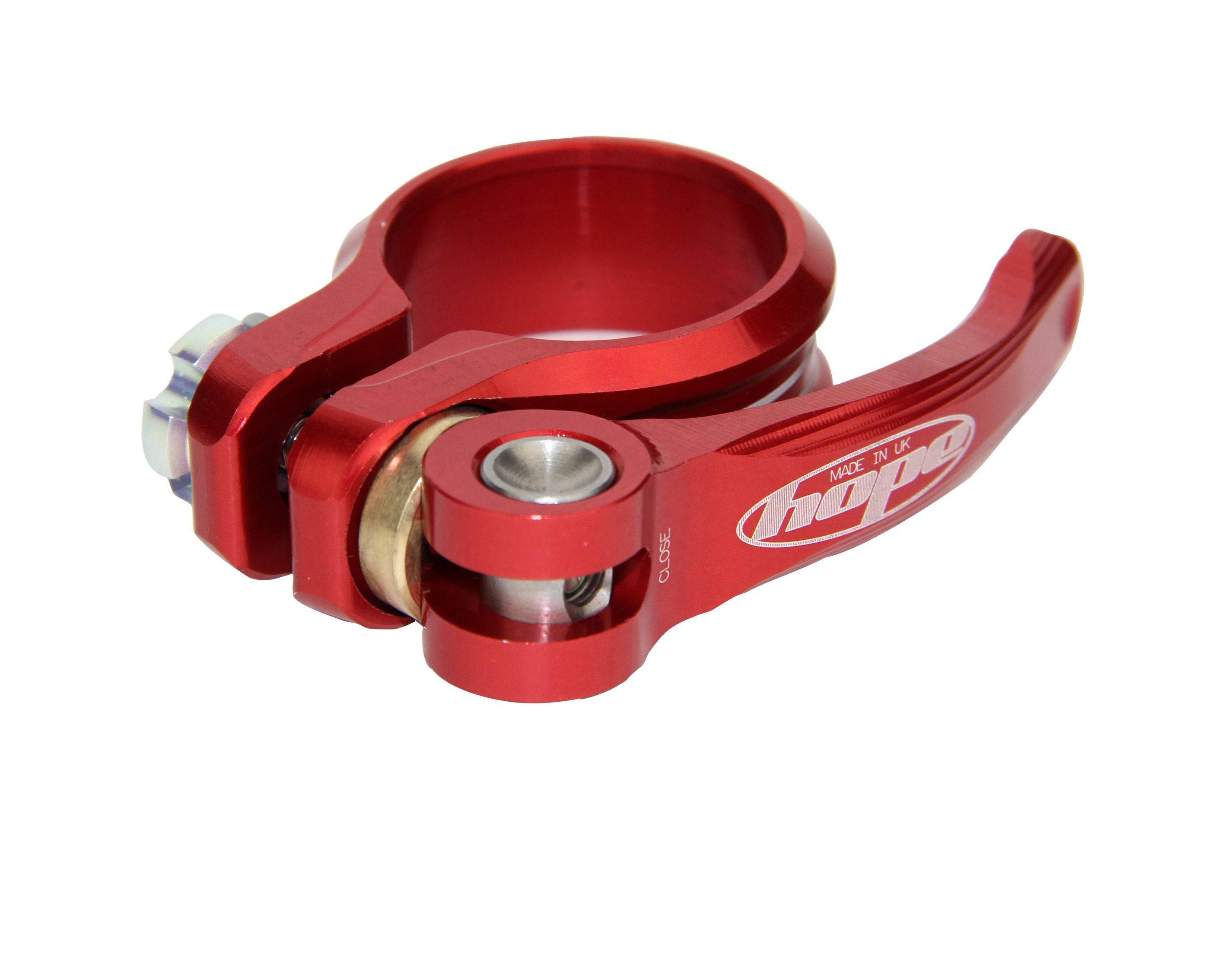 Hope seat clamp quick-release system components, including bolt and accessories for bike seat post adjustment.
