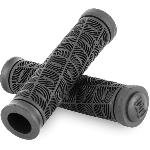 Black ODI "O" Grip slip-on mountain bike handlebar grips, 127mm length, designed for MTB components and comfortable riding.