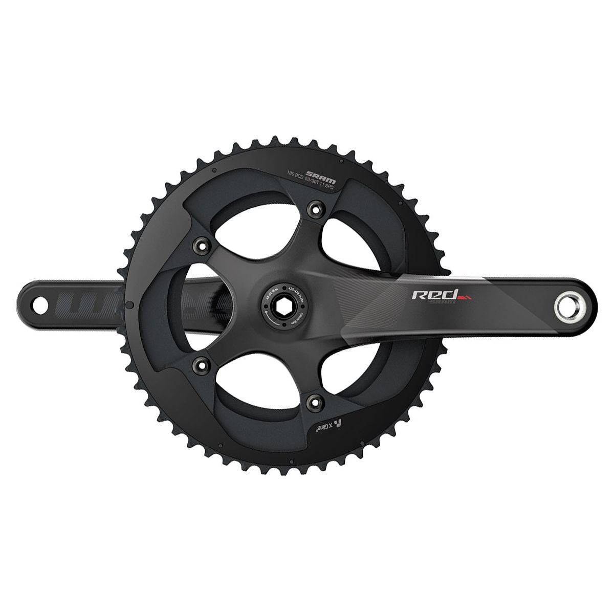 SRAM RED GXP 52-36T 11-speed road bike crankset with 170mm crank arms, shown without GXP cups, component for performance cycling