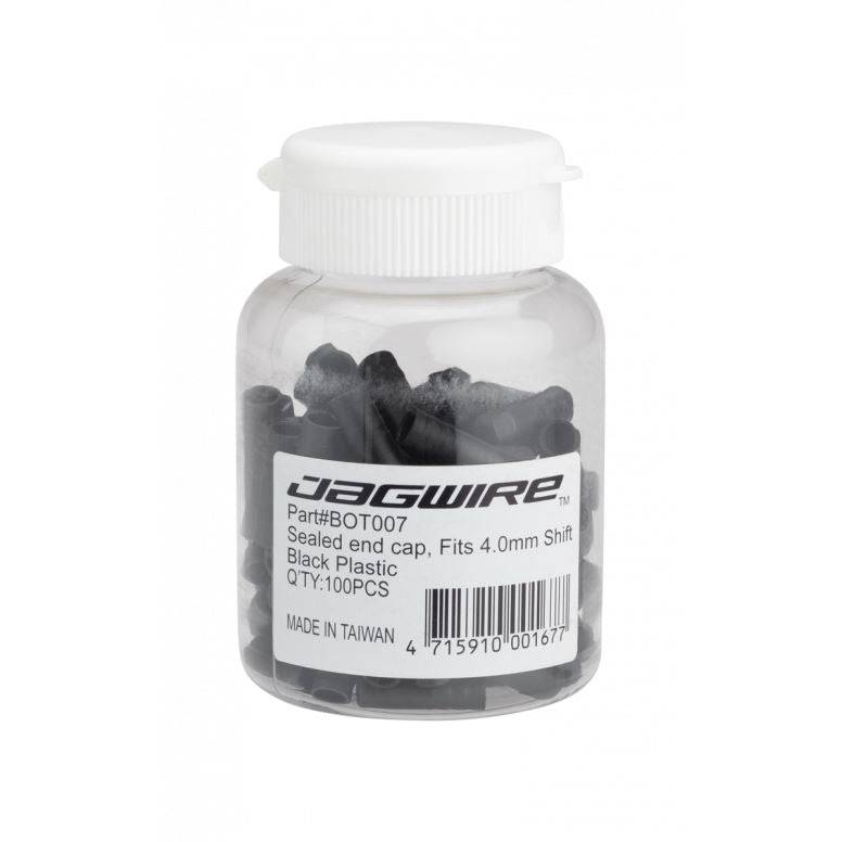 Black Jagwire sealed end caps for 4mm shift cable housing, plastic components, shown in a 100-pack for bicycle gear shifting.