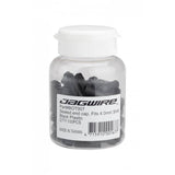 Black Jagwire sealed end caps for 4mm shift cable housing, plastic components, shown in a 100-pack for bicycle gear shifting.