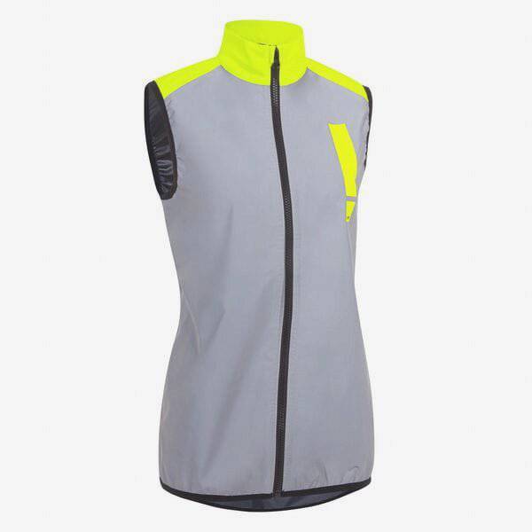 HUMP Women's Ultra Reflective Cycling Gilet vest showing waterproof, wind-resistant fabric and reflective details for visibility.
