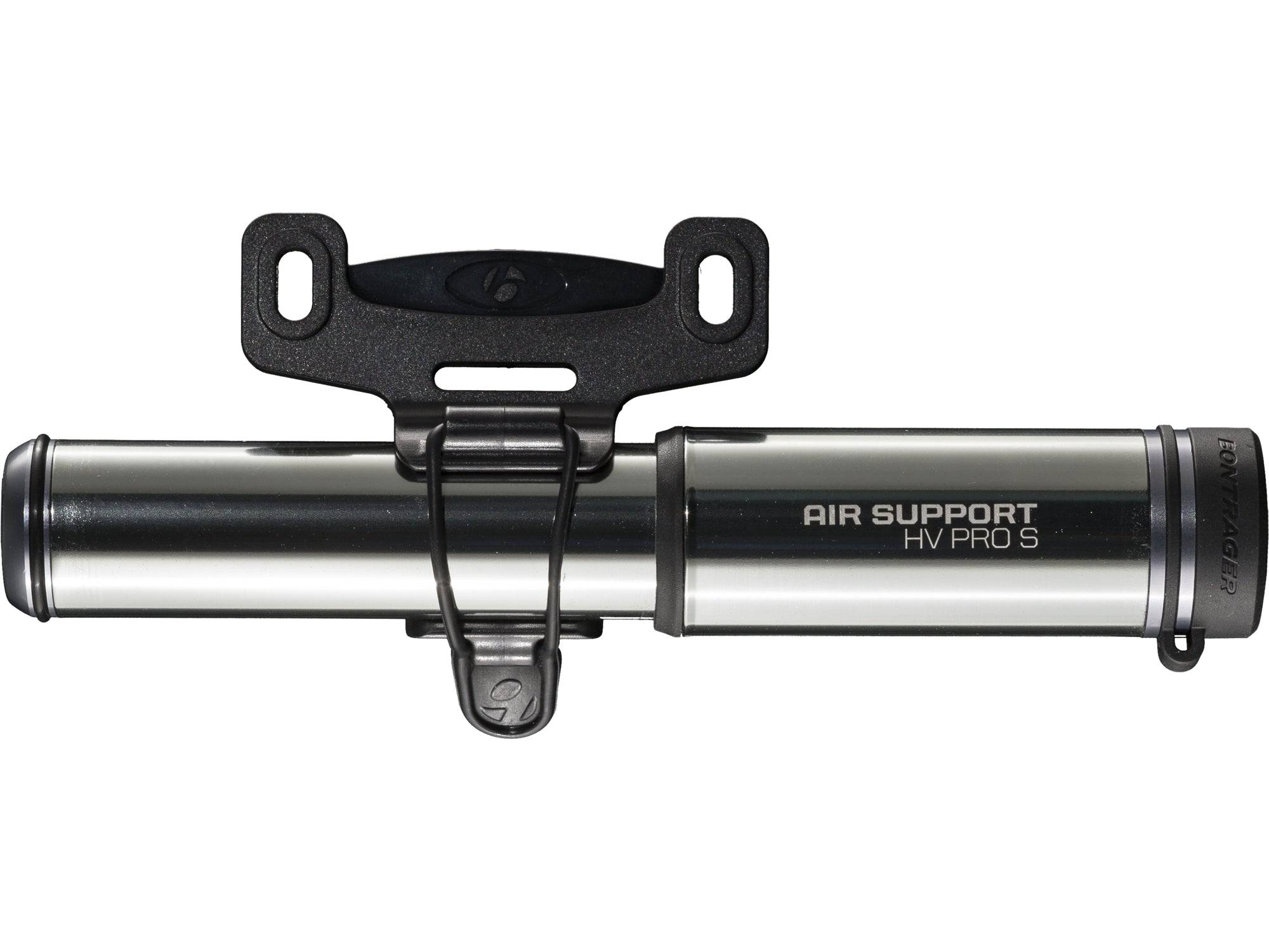 Bontrager Air Support HV Pro Mini Pump in silver for Presta valves, compact bike pump accessory with gauge and ergonomic handle.