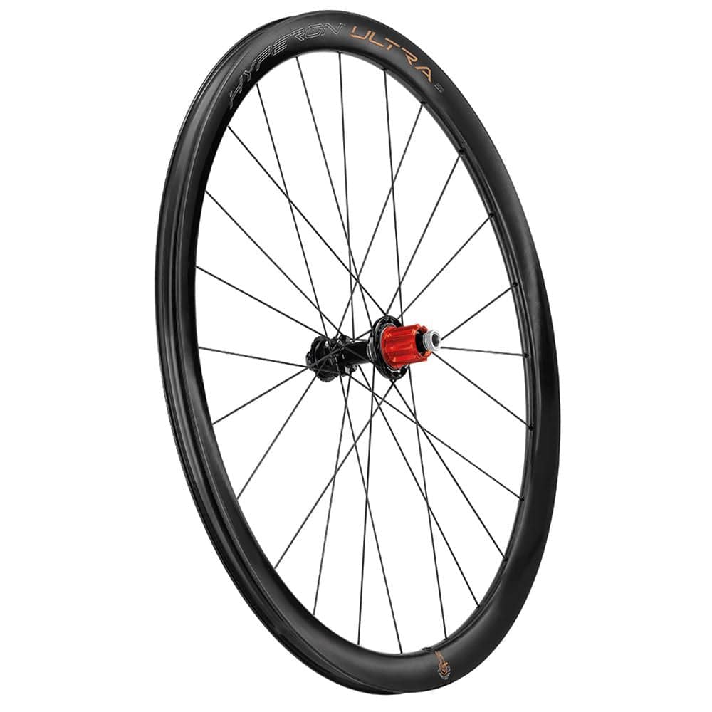 Campagnolo Hyperon Ultra road bike wheels showing lightweight aerodynamic design with sleek black rims and spokes.