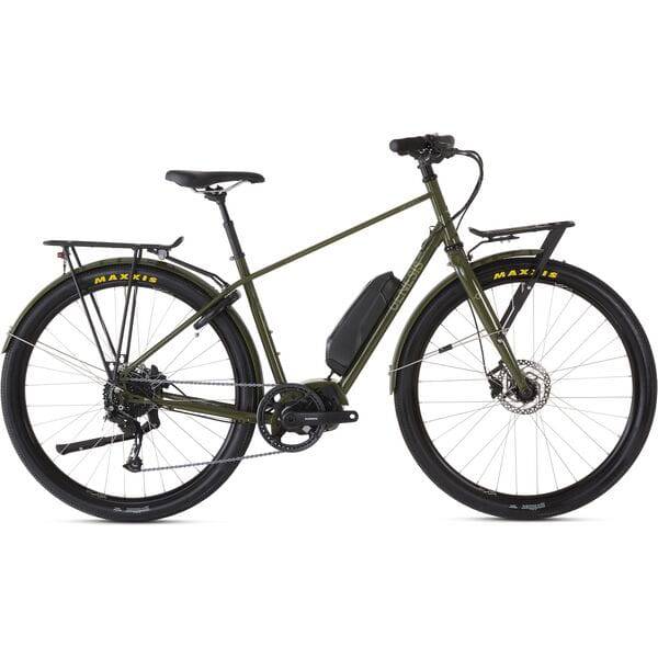 Genesis Smithfield e-Hybrid bike with Shimano STEPS E6100 motor and long-range battery, shown with sleek frame and integrated components.