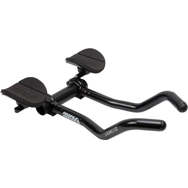 Profile Design Legacy II aerobar for triathlon cycling with adjustable armrests, mounted on a bicycle handlebar.