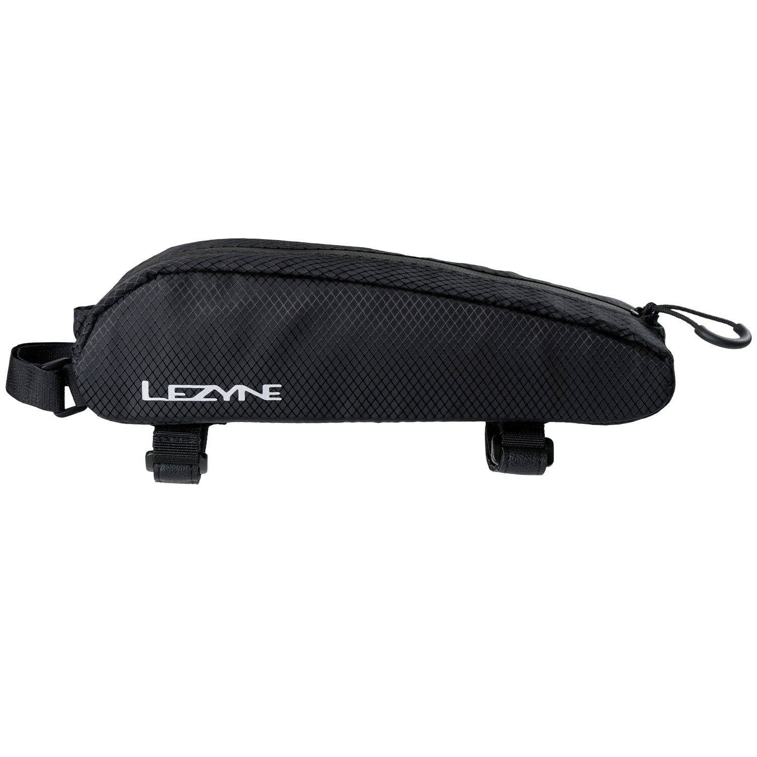 Lezyne Aero Energy Caddy black bike bag attached to top tube, water-resistant aerodynamic accessory for cycling storage