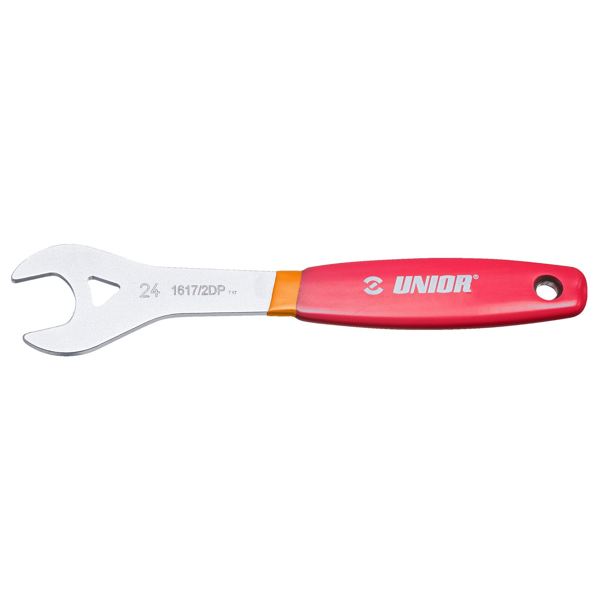 UNIOR single-sided cone wrench with ergonomic grip for bicycle maintenance, workshop tool for precise wheel adjustments.