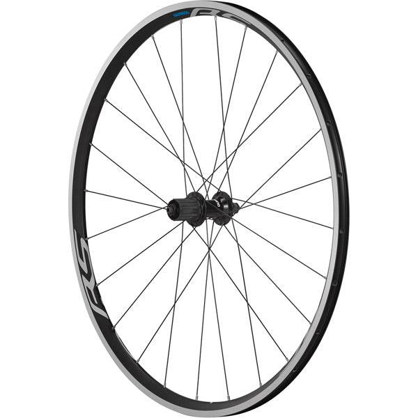 Shimano WH-RS100 rear clincher wheel in black with quick release, suitable for 9/10/11-speed bikes, 130mm hub spacing.