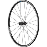 Shimano WH-RS100 rear clincher wheel in black with quick release, suitable for 9/10/11-speed bikes, 130mm hub spacing.