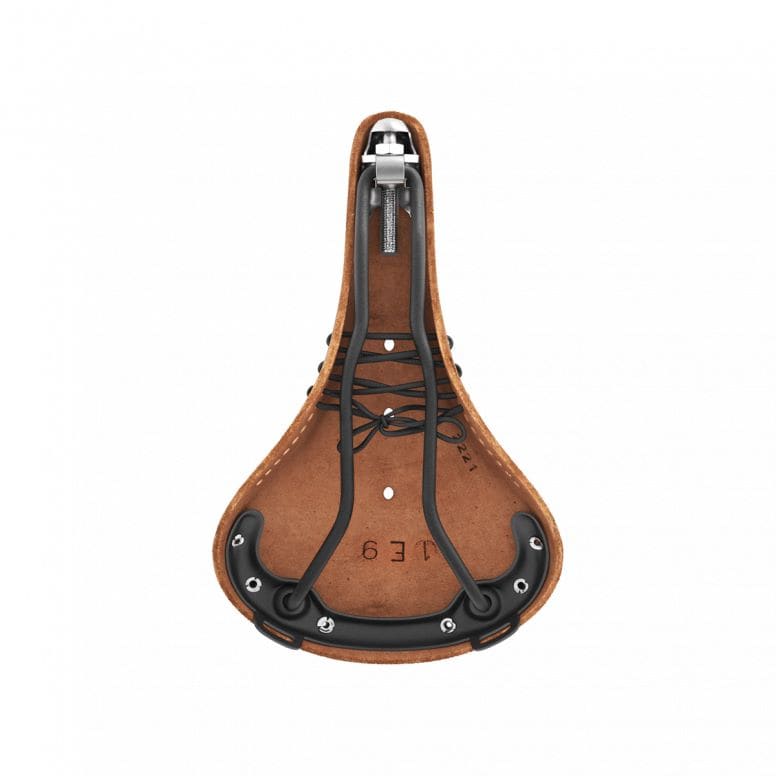 Brooks B17 Softened Tan Leather bike saddle with black steel rails, showing its classic design and durable construction.