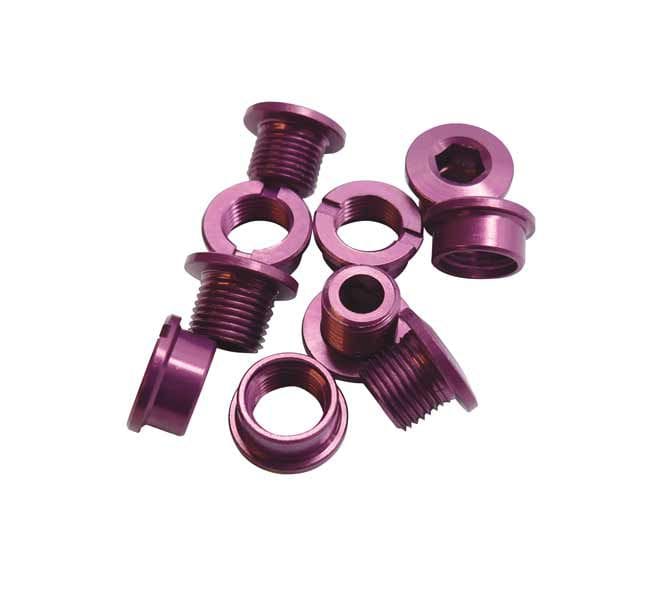 ID brand bike component, single chainring bolts for secure drivetrain connection, shown in close-up.