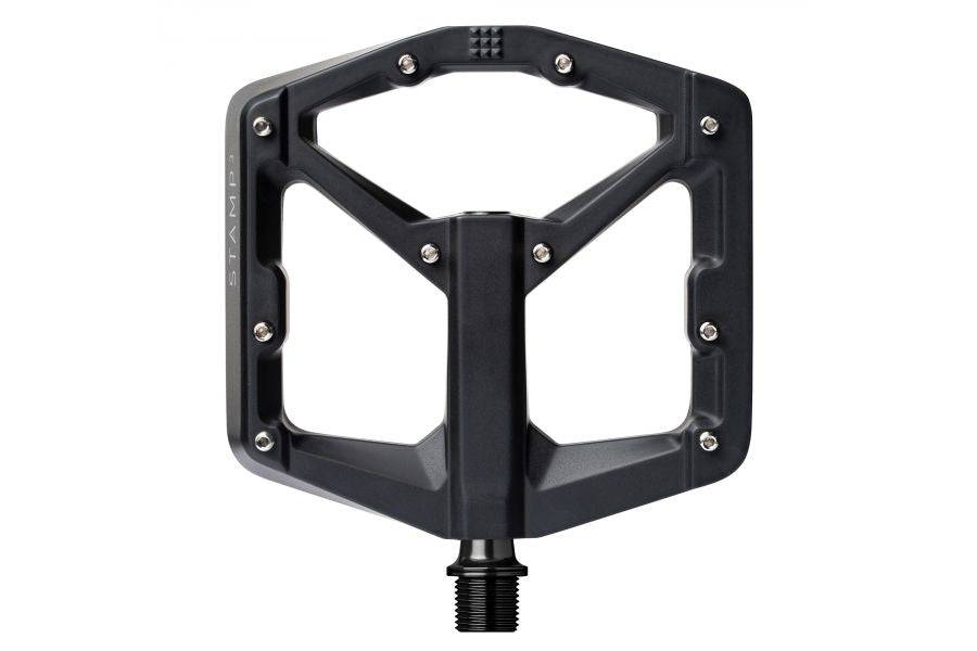 Crank Brothers Stamp 3 flat pedal with adjustable pins for enhanced grip, shown with metal pins and durable platform.