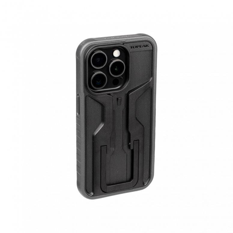 Topeak iPhone 15 Pro Ridecase in black with adjustable stand, protective phone case designed for cycling accessories.