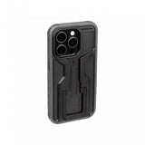 Topeak iPhone 15 Pro Ridecase in black with adjustable stand, protective phone case designed for cycling accessories.