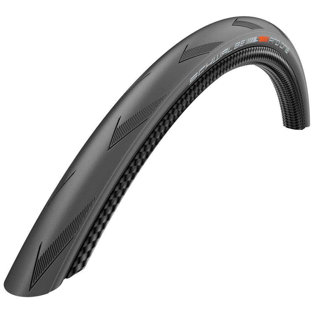 Schwalbe Pro One Evo Super Race tubeless folding road bike tyre with easy tube type, shown in close-up detail.