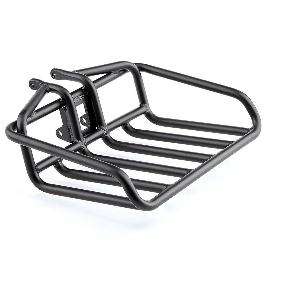 Benno Bikes utility front tray rack installed on eScout, RemiDemi, and Boost E bike models, showing its sturdy metal design and mounting.